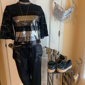Sachin + Babi Black Lace silver sequins  top